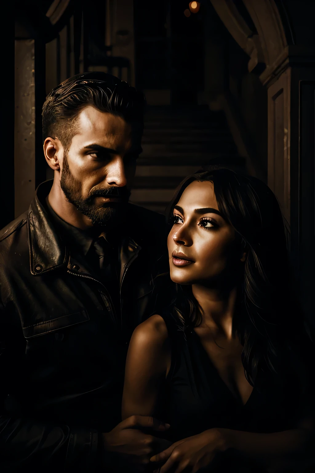 Man and woman dating on a staircase of a building, dark and mysterious environment, focus on the face and expressions of pleasure, 4k, 8k, portrait, close-up