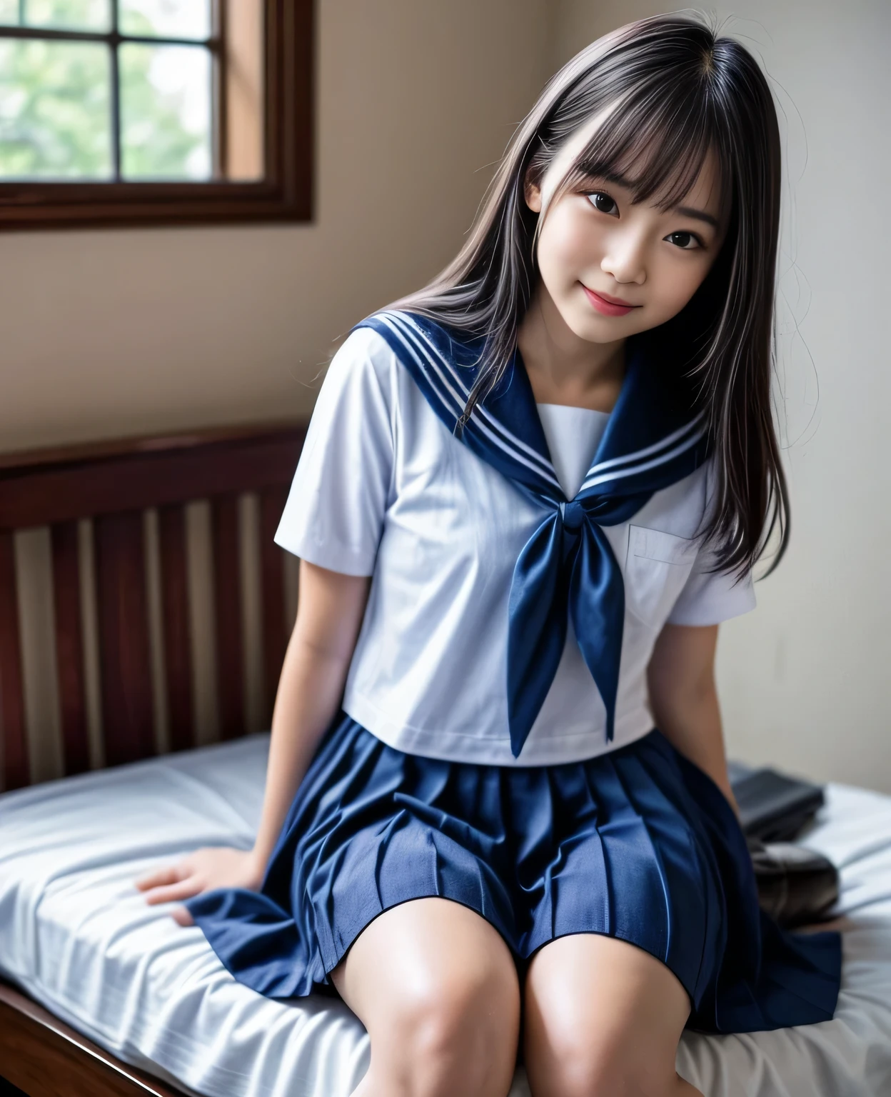 1girl, **** school girl, sailor uniform, sitting on the bed, looking at viewer, smiling,cute, (masterpiece, 8k, best quality:1.2), photorealistic, hyper detailed, cinematic lighting, vibrant colors, natural skin tones, intricate details, flawless rendering, sharp focus