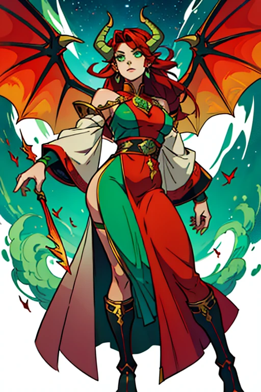 guardian dragon woman who controls and creates stars, clothes with lots of fabric painted with green eyes, red horns and his big red hair with moths in his hair, full body and big wings