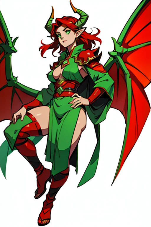 guardian dragon woman who controls and creates stars, clothes with lots of fabric painted with green eyes, red horns and his big red hair with moths in his hair, full body and big wings
