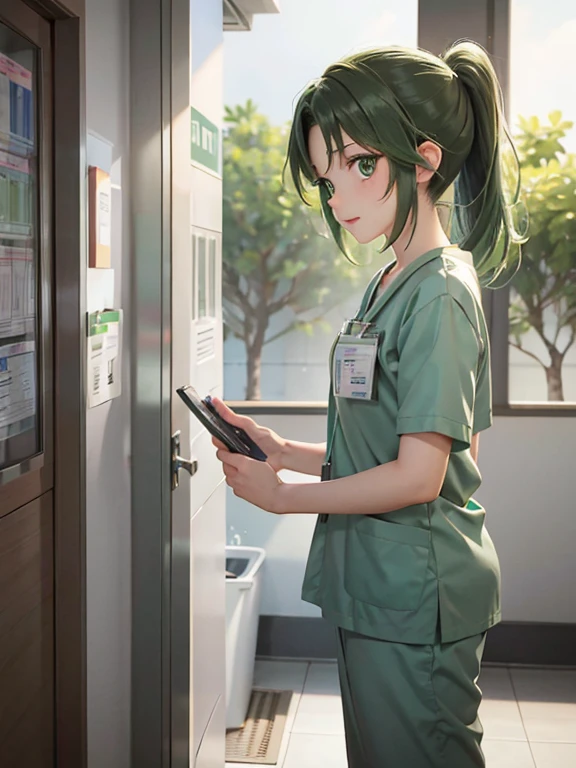 girl, alone, Mion Sonozaki, green eyes, ponytail,, ponytail, 医療用scrub、scrub、Female nurse、Short sleeve、Long trousers, (ID card)、strap、Hospital corridor、Warm lighting、sense of cleanliness