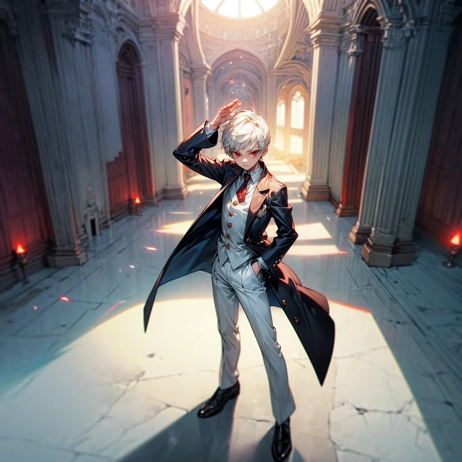 Solo, vampire, kidy, Full body version, light red eyes, short haircut, white color hair, suit style outfit, Grassroots, full background indoor room Castle, motion blur, lighting, (one piece style art), standing gesture