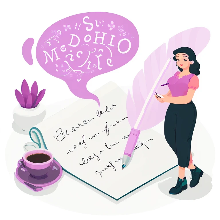 arafed woman writing a letter with a pen and a cup of coffee, writing a letter, cartoon style illustration, style Lyrics, illustrated in whimsical style, hand drawn illustration, more detailed illustration, artistic illustration, text and a pale young woman, with text, cartoon illustration, flowing Lyrics, Latin writing, Lyrics, full page illustration, coherent text english characters