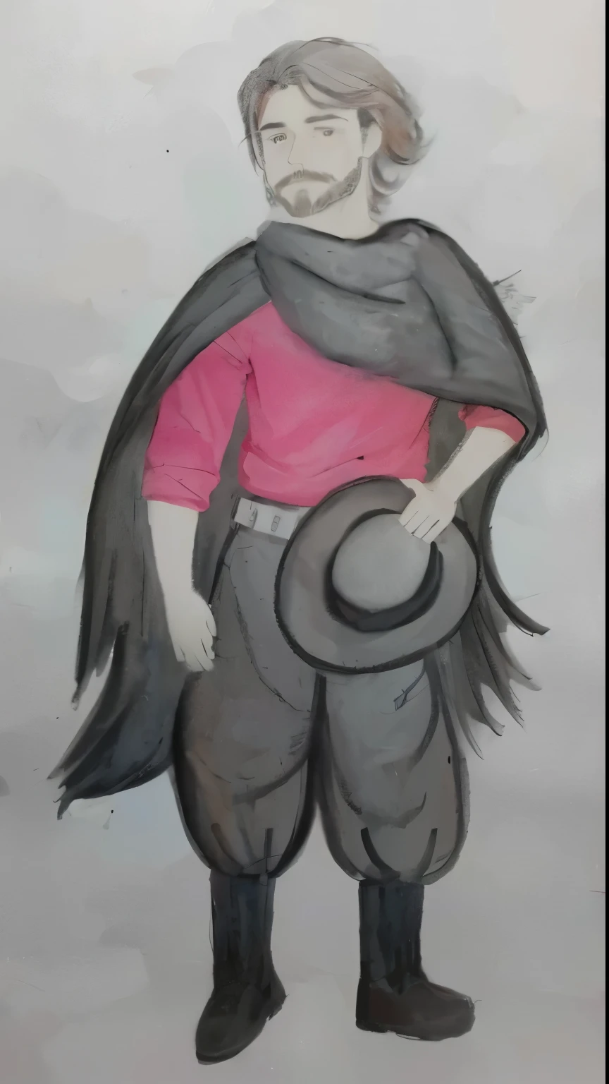desenho de um nativo Gaucho, homem com red shirt, bomber pants, Gaucho, black poncho scarf, hat and beard, red shirt, with your black hair, water colour, pastel art, colourful drawing, colored pencil drawing