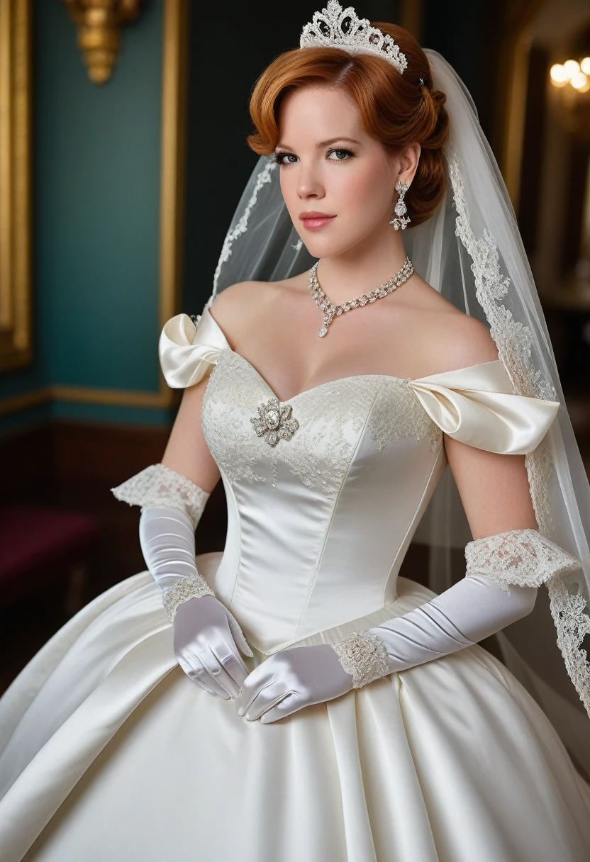 1girl, solo, (masterpiece), best quality, expressive eyes, perfect face, molly ringwald, modeling in a majestic, indoor palace setting, adorned in a shimmering white satin bridal gown boasting a voluminous princess skirt, an elongated trail, a harmoniously fascinating veil, and an intricately laced and diamond-encrusted bodice with a bow. Victorian style wedding gown with lace, frills and ribbons. Elaborate victorian updo hairstyle. ribbon belt on waist, Crowning her head is a princess's tiara, while diamond earrings and necklace sparkle in contrast with the white satin of her elbow-length opera gloves, realistic, 4k, hd, detailed, perfect anatomy, perfect hands, perfect face