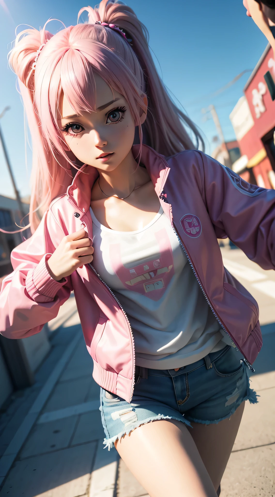 a close up of a person wearing a pink jacket and shorts, realistic anime 3 d style, 3 d anime realistic, photorealistic anime girl render, seductive anime girl, 3d anime girl, hyper realistic anime, photorealistic anime, anime styled 3d, render of a cute 3d anime girl, realistic anime artstyle, realistic young anime girl