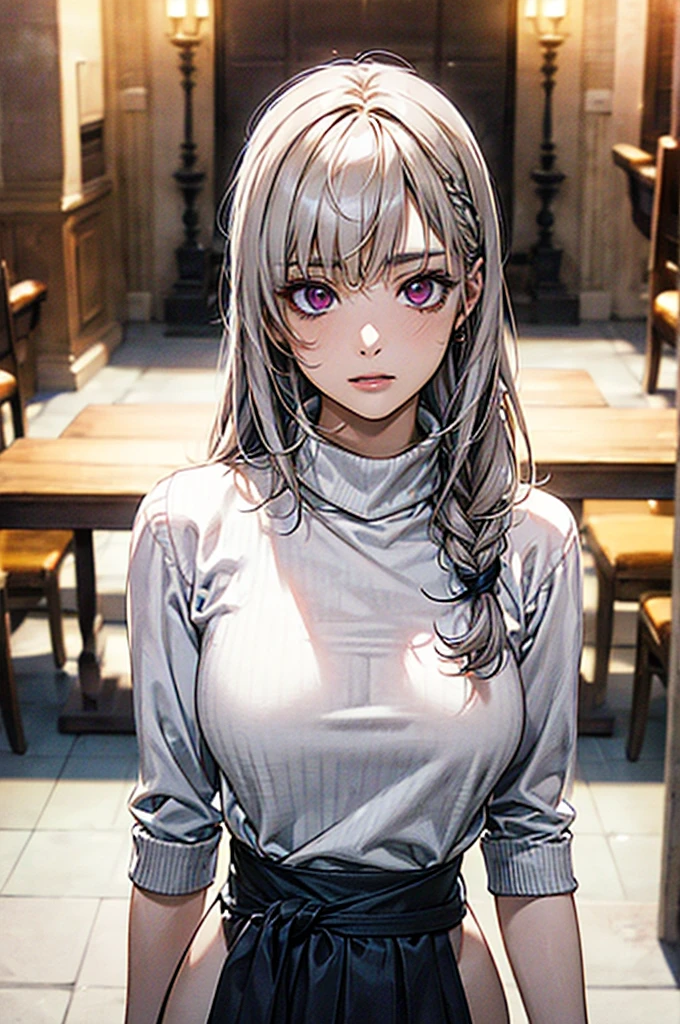 Masterpiece,Highest quality,8k,Ultra-high resolution,appropriate margins,lighting,BREAK,1 person,Very beautiful adult woman,Slim body,Very ample large ,Deep cleavagrized Skin,BREAK,White Hair,mascara,Red eyeliner,Light pink lip,Thin teak,Thick upper eyelashes,Thin eyebrows,BREAK,Purple eyes,BREAK,Climax facial eion,BREAK,Long Hair,Braiding,BREAK,((White turtleneck sweater,Black Thong)),BREAK,Eye contact,BREAK,Natural standing posture,nsfw