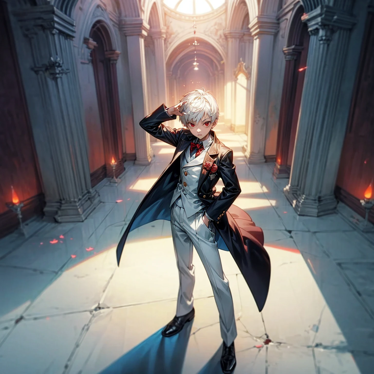 Solo, kid vampire, kid boy, Full body version, light red eyes, short haircut, white color hair, suit style outfit, Grassroots, full background indoor room Castle, motion blur, lighting, (one piece style art), standing gesture