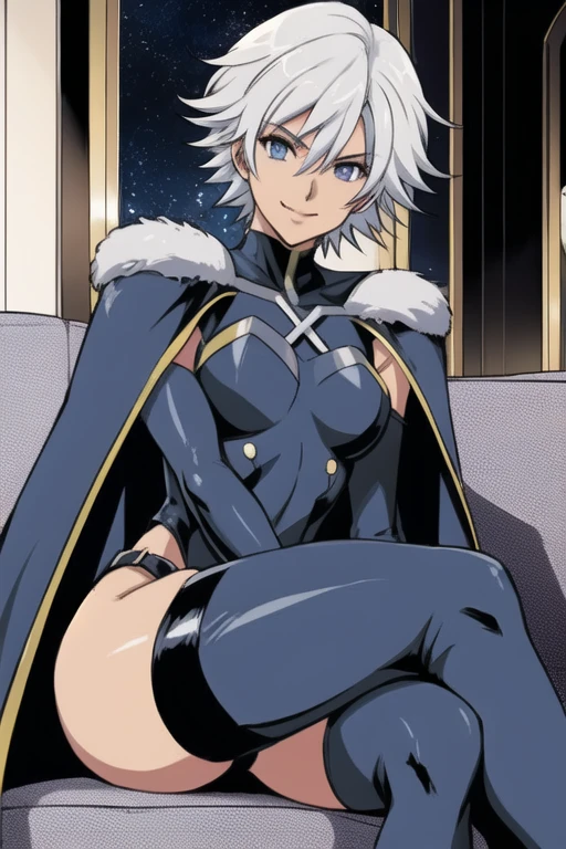 X men, 1girl, solo, cape, long cape, thigh highs, gloves, Ororo, bodysuit, white hair, short hair, sitting, couches, smile, anime style