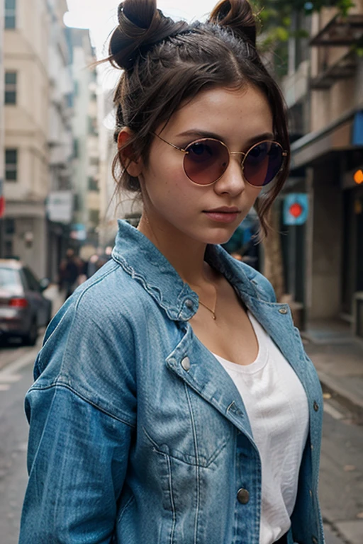 An avatar of a girl with two buns, transparent lenses, with jean jacket 