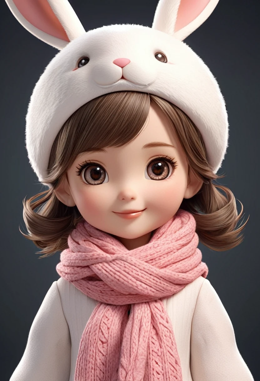 
          Q version cute little girl doll wearing bunny ears hat and scarf. Elegant smile. Cute 3D cartoon style. Accurate anatomy. Extremely detailed texture. Cartoon character. Clear and detailed animation. High quality cartoon character. High quality realistic.
           
