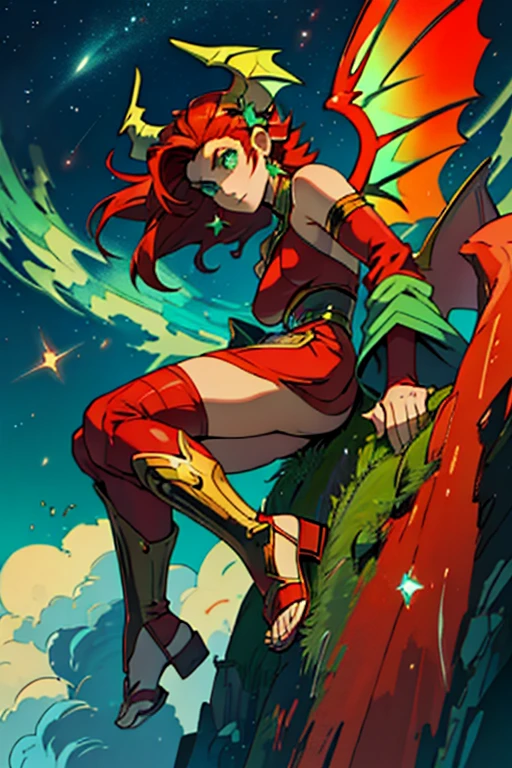 guardian dragon woman who controls and creates stars, clothes with lots of fabric painted with green eyes, red horns and his big red hair with moths in his hair full body and big angel wings and stars or dragon with flip flops or boots 