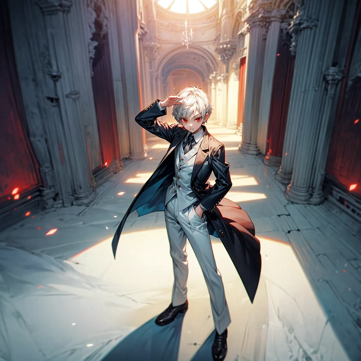 Solo, ??? vampire, ??? boy, Full body version, light red eyes, short haircut, white color hair, suit style outfit, Grassroots, full background indoor room Castle, motion blur, lighting, (one piece style art), standing gesture 