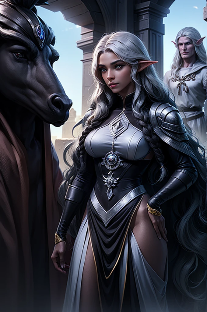 Um Elfo Drow, gray black skin, Paladin Who broke the oath, long curly hair