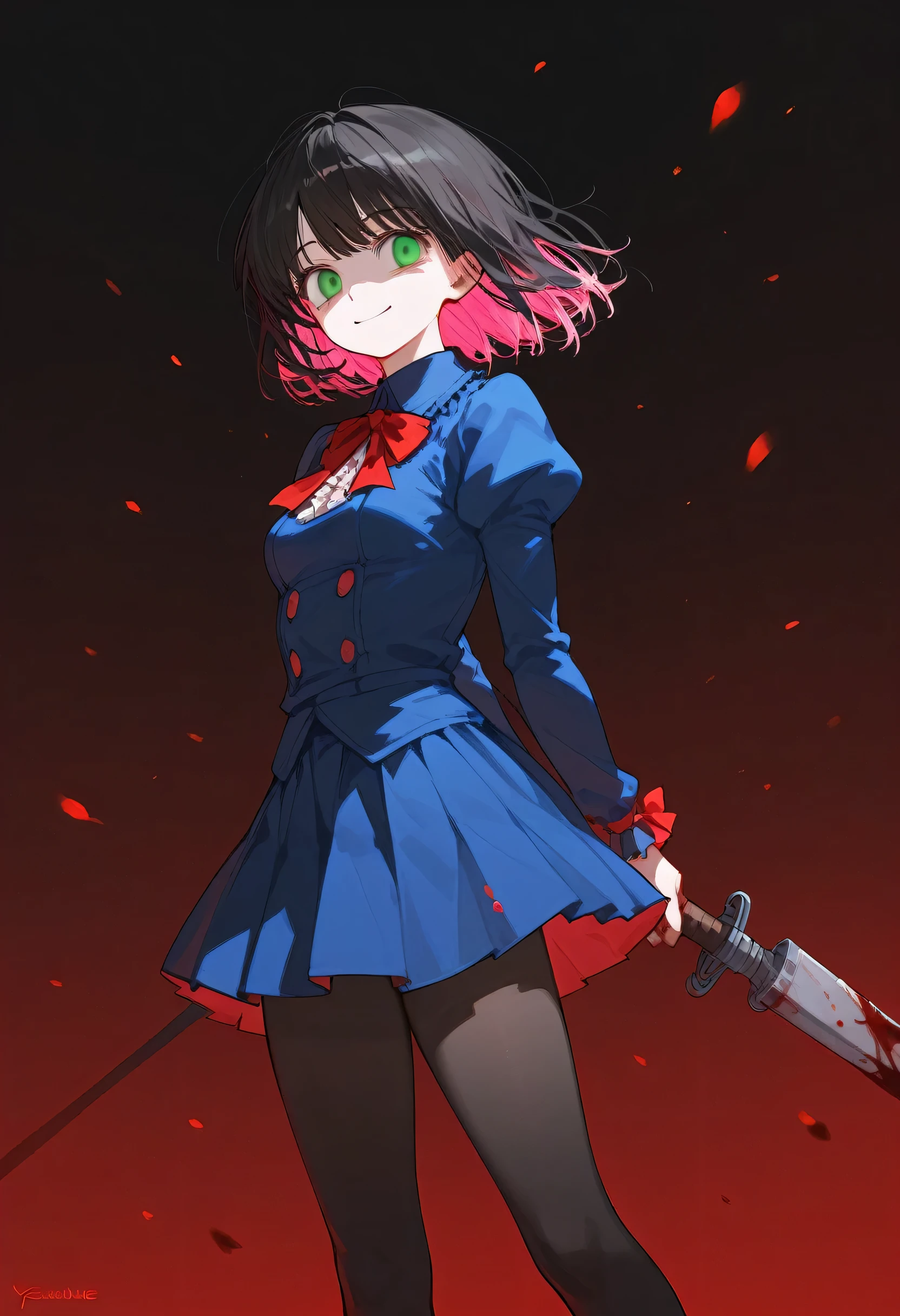 masterpiece, best quality,1 Girl, Solitary, Colorful hair, Yendre, large Small Breasts , High Leg Raise, Blood stain, short hair, skirt, pleated skirt, Smile, username, Smile, Small Breasts, Pink Hair, Smile, Looking at the audience, blue skirt, , Black Legwear, Green Eyes, Blood , Black hair, Pantyhose, Blood on weapon, Empty eyes, {Long hair}, permanent, Character Name, Smile的 eyes, Red background, pink Blood, Put your hands behind your back , Double tail,Street background,ta
