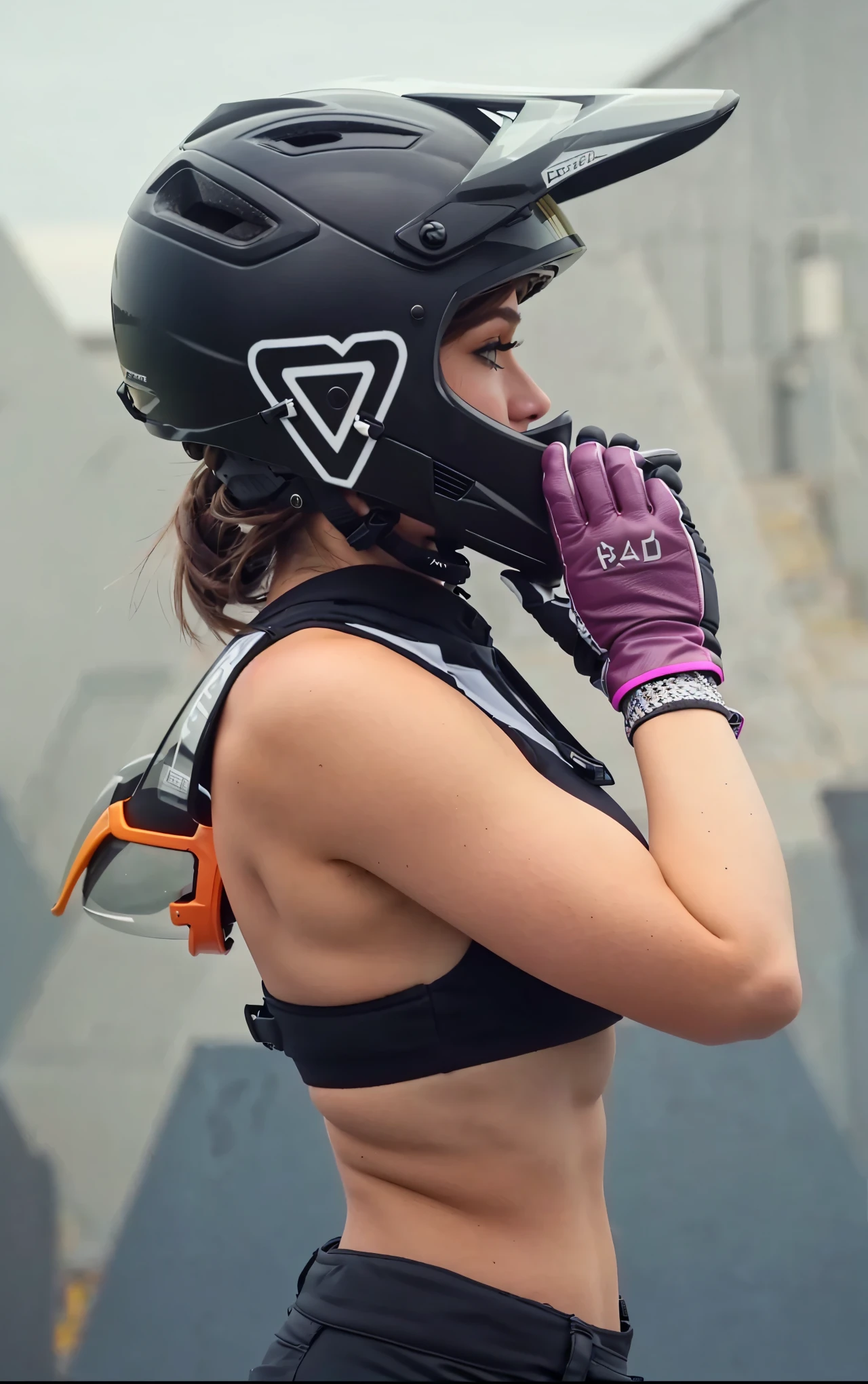 arafed woman wearing a hard hat and gloves talking on a cell phone, picture of a female motorcyclist, holding helmet, wearing your helmet, photograph of a techwear woman, wearing helmet, Pyramid visor, motorcyclist, wearing helmet de skate, wearing knee and elbow pads, wearing a hard hat, helmet on face, roupas futuristas e capacete, victoria siemer, action sports