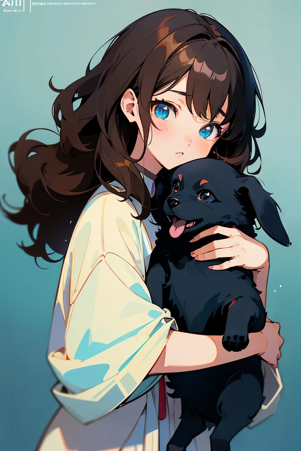 anime girl with brown hair hugging a black puppy, anime girl with black dog, anime girl with short hair, anime girl with blue eyes, wavy hair, anime visual of a cute girl, lofi girl, anime style 4 k, young anime girl, anime artstyle, artwork in the style of guweiz, beautiful anime portrait, soft anime illustration