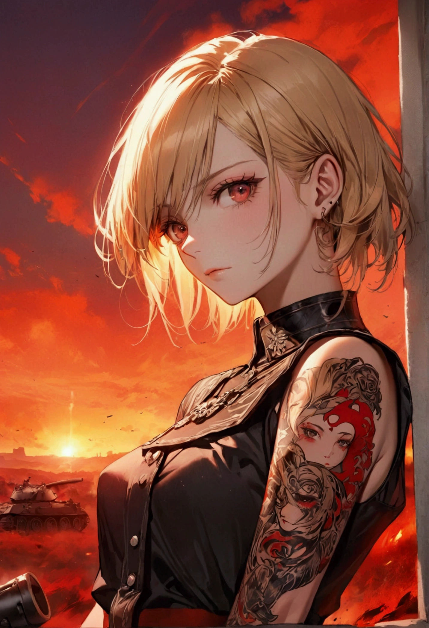 Portrait woman blonde hair, red sunset, battlefield, tattoos