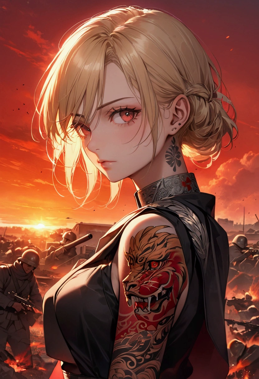Portrait woman blonde hair, red sunset, battlefield, tattoos