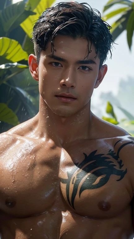 (best quality,4k,8k,highres,masterpiece:1.2),ultra-detailed,(realistic,photorealistic,photo-realistic:1.37),shirtless wet face and full body,sweat glistening on his skin,raindrops falling down his toned chest,rugged jawline,perfectly sculpted abs,rippling muscles,sinewy arms,light reflecting off his wet hair,dark intense eyes,piercing gaze,exuding confidence and allure,wet droplets on his full lips,determined expression,subtle shadows highlighting his facial features,glistening water droplets on his body,highlighting his defined physique,tattoos peeking out from beneath the wet skin,glistening sunlight filtering through the trees in the background,lush green foliage surrounding him,creating a serene and captivating atmosphere,dramatic lighting casting shadows on his chiseled face,emphasizing his strong features,creating a sense of mystery and intrigue,striking contrast between his wet skin and the dark background,contrasting textures of wetness and roughness,depicting his raw masculinity and power, full naked