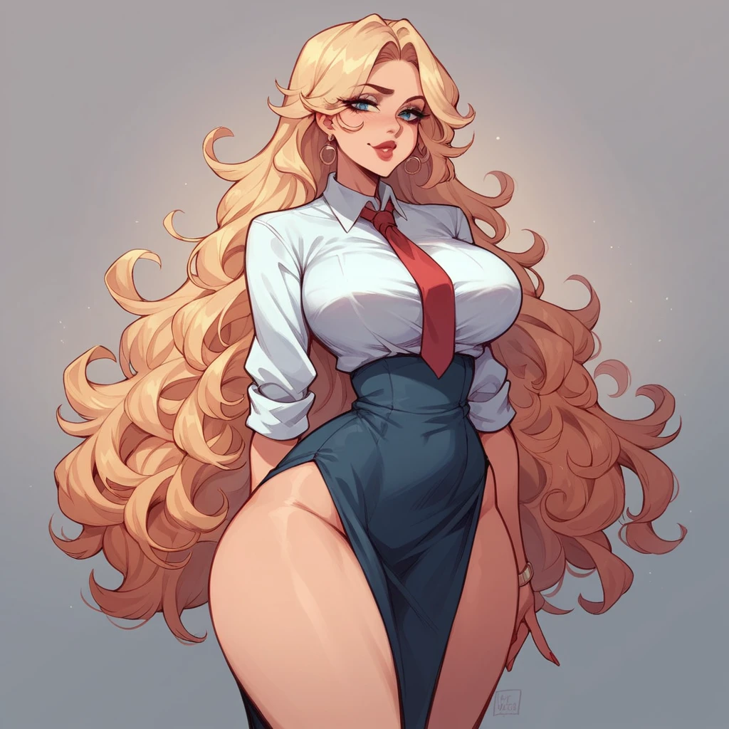 Beautiful woman 25 years old, not very high, long curly light blonde hair, Thin waist, big tits, well-shaped and large hips. She wears a secretary uniform with a tie, she enters her boss&#39;s office, The boss is a fat, bald old man., he is sitting on his folder, and wears a shirt and tie