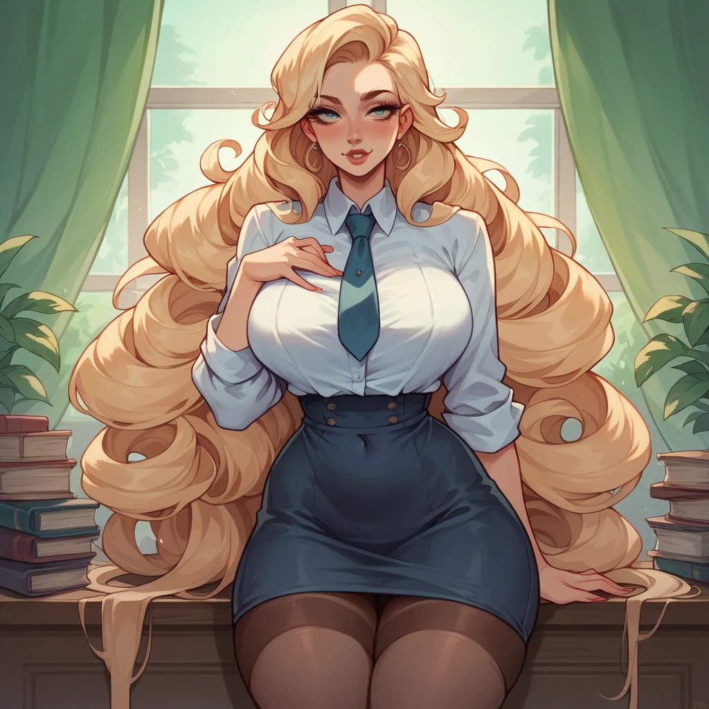 Beautiful woman 25 years old, not very high, long curly light blonde hair, Thin waist, big tits, well-shaped and large hips. She wears a secretary uniform with a tie, she enters her boss&#39;s office, The boss is a fat, bald old man., he is sitting on his folder, and wears a shirt and tie
