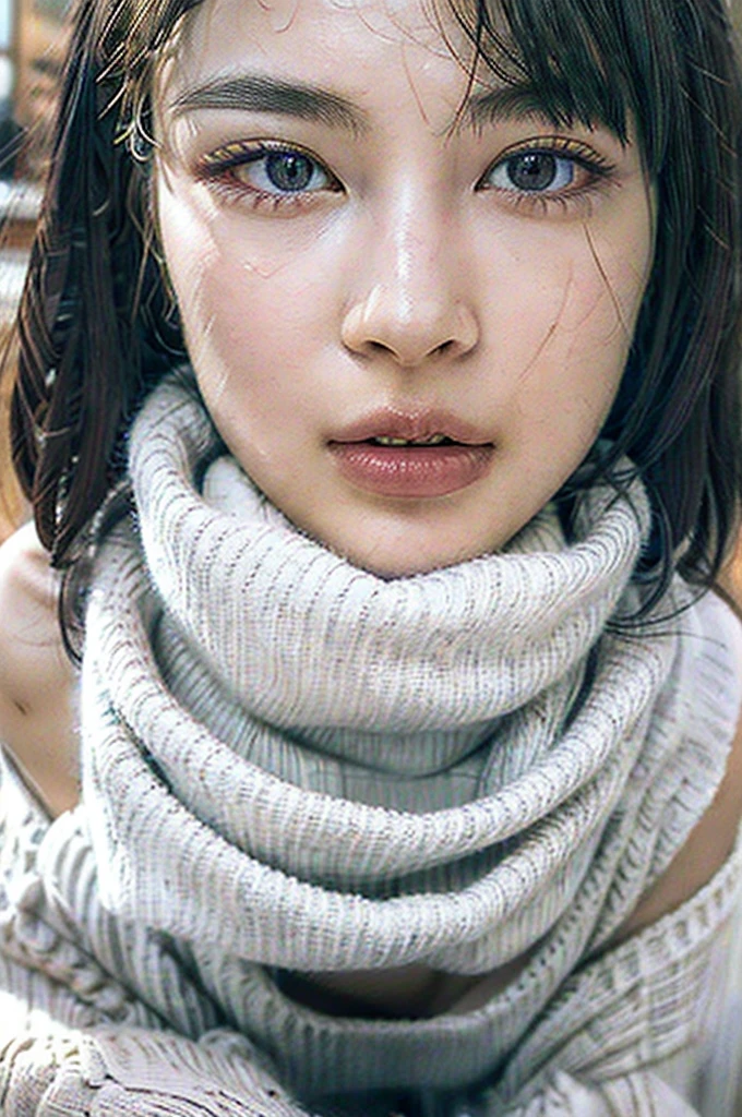Masterpiece,Highest quality,8k,Ultra-high resolution,appropriate margins,lighting,BREAK,1 person,Very beautiful adult woman,Slim body,Very ample large breasts,Deep cleavage,Moisturized Skin,BREAK,White Hair,mascara,Red eyeliner,Light pink lip,Thin teak,Thick upper eyelashes,Thin eyebrows,BREAK,Purple eyes,BREAK,Climax facial expression,BREAK,Long Hair,Braiding,BREAK,((White turtleneck sweater,Black Thong)),BREAK,Eye contact,BREAK,Natural standing posture,nsfw
