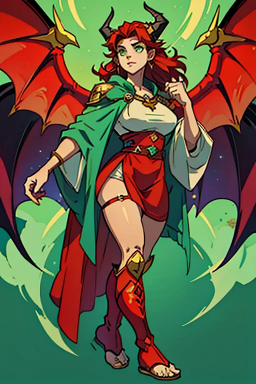 guardian dragon woman who controls and creates stars, clothes with a lot of fabric hanging with green eyes, red horns and his big red hair with moths in his full body hair and big angel wings and stars with flip flops or boots