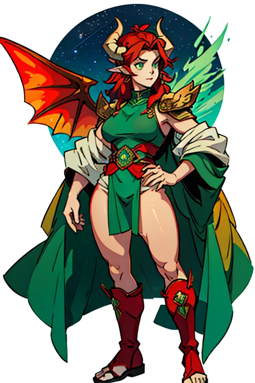 guardian dragon woman who controls and creates stars, clothes with a lot of fabric hanging with green eyes, red horns and his big red hair with moths in his full body hair and big angel wings and stars with flip flops or boots