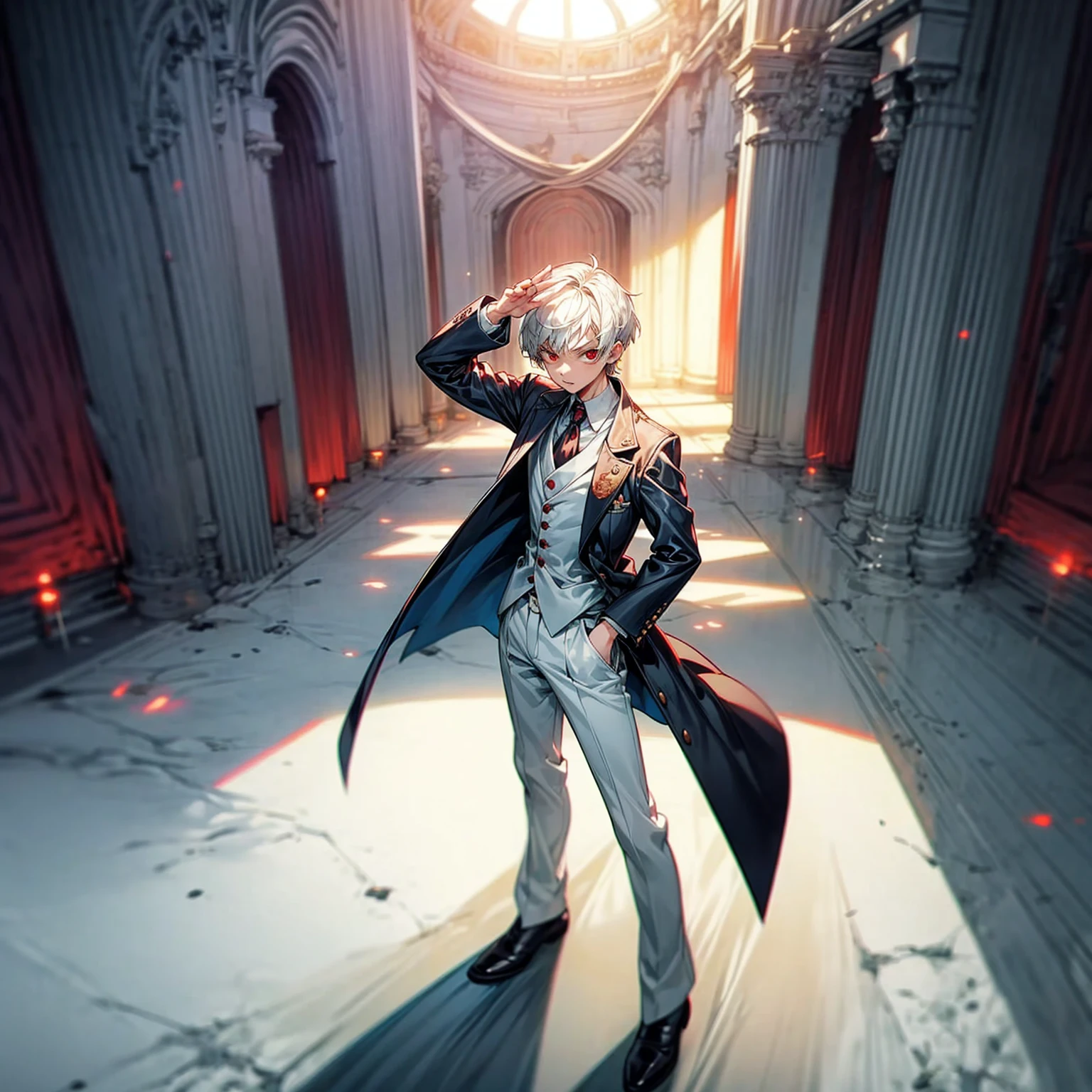 Solo, kid vampire, kid boy, Full body version, light red eyes, short haircut, white color hair, suit style outfit, Grassroots, full background indoor room Castle, motion blur, lighting, (one piece style art), standing gesture 