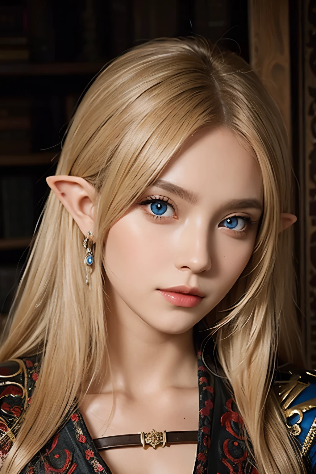 dungeons & dragons baldur's gate portrait painting. female elf. She has delicate, refined features with expressive eyes. she has long, blonde hair adorned with jewelry. looking at camera
