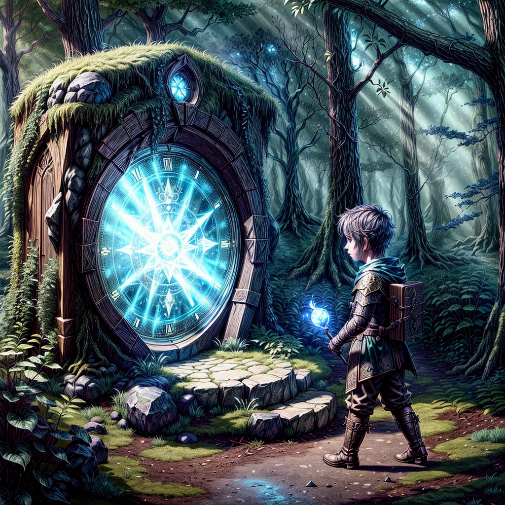 there is a boy standing in front of a clock in the forest, fantasy RPG book illustration, medieval fantasy game art, unreal engine fantasy art, fantasy game art style, magic portal to another world, fantasy game art, game cover art, epic RPG art, fantasy game spell symbol, Arte de RPG, Art on Artstation, magic stone portal in the forest