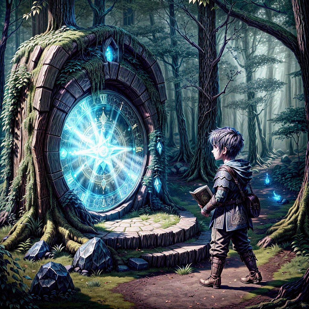 there is a boy standing in front of a clock in the forest, fantasy RPG book illustration, medieval fantasy game art, unreal engine fantasy art, fantasy game art style, magic portal to another world, fantasy game art, game cover art, epic RPG art, fantasy game spell symbol, Arte de RPG, Art on Artstation, magic stone portal in the forest