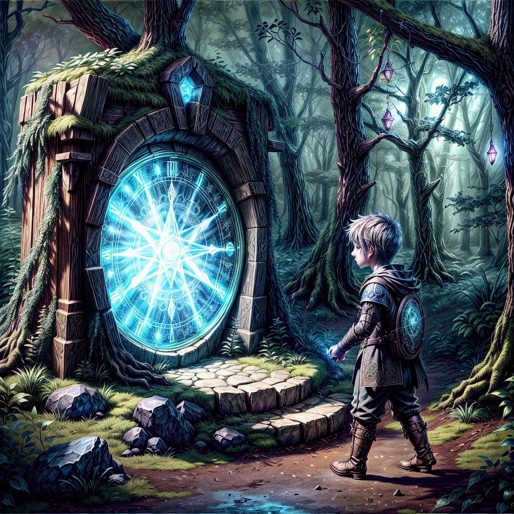 there is a boy standing in front of a clock in the forest, fantasy RPG book illustration, medieval fantasy game art, unreal engine fantasy art, fantasy game art style, magic portal to another world, fantasy game art, game cover art, epic RPG art, fantasy game spell symbol, Arte de RPG, Art on Artstation, magic stone portal in the forest