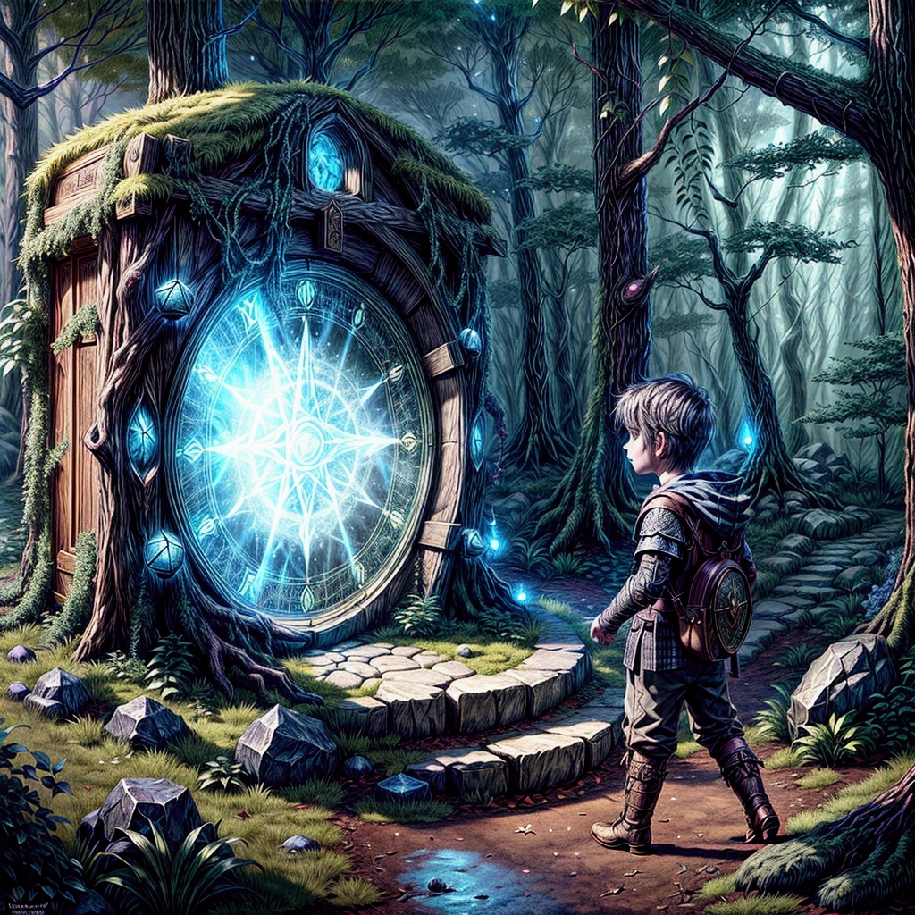 there is a boy standing in front of a clock in the forest, fantasy RPG book illustration, medieval fantasy game art, unreal engine fantasy art, fantasy game art style, magic portal to another world, fantasy game art, game cover art, epic RPG art, fantasy game spell symbol, Arte de RPG, Art on Artstation, magic stone portal in the forest