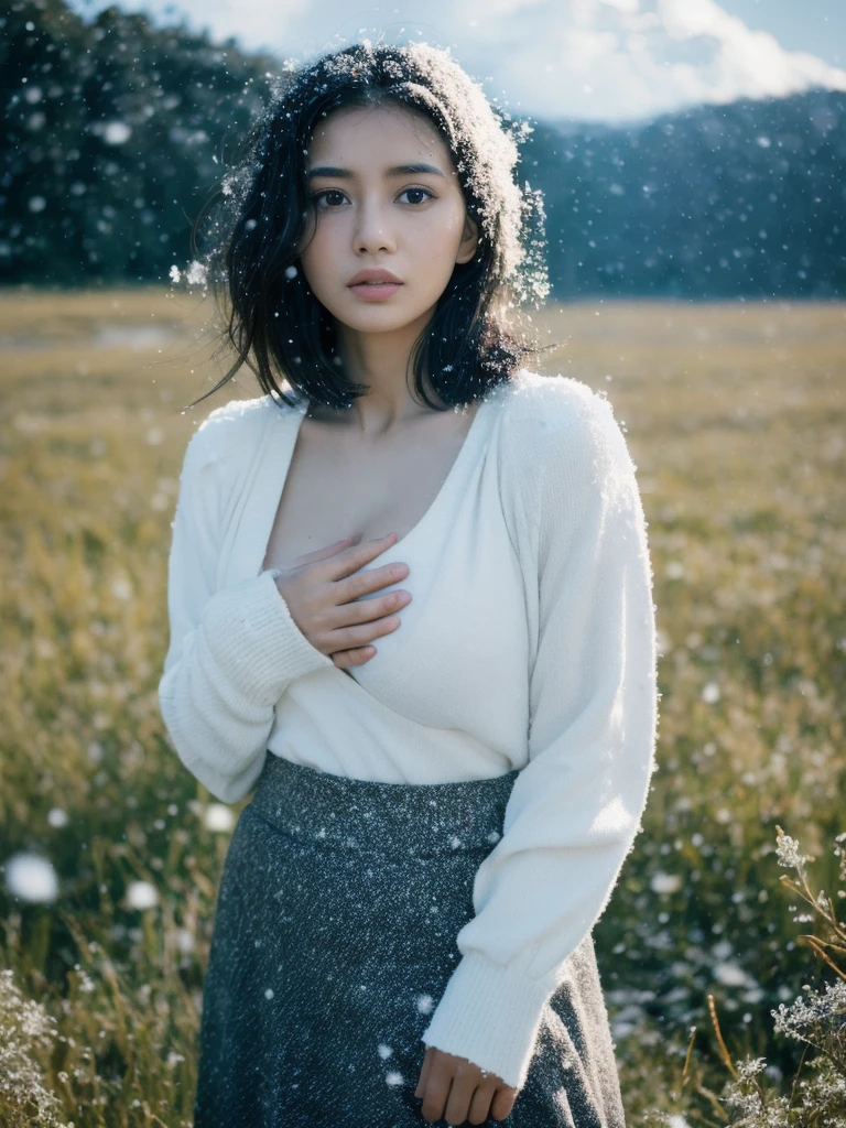 (Beauty shot:1.2), (Best quality:1.5), storm sky, (snowing:1.3), 23y, 1girl, indonesian, (tight breast:1.3), long sleeve shirt and skirt, sneakers, (perfect outfit:1.3), (cute face:1.3), wavy short hair blowing in the wind, dramatic natural posing in meadow with wild plants, film looks, cinematic lighting, shadow, sunlight, aesthetic, ultra highres, sharp focus, highly detailed, detailed face and eyes, film bokeh, surreal view, shot by eos c with 35mm lens, movie angle, Portrait by annie leibovitz, midjourney v6