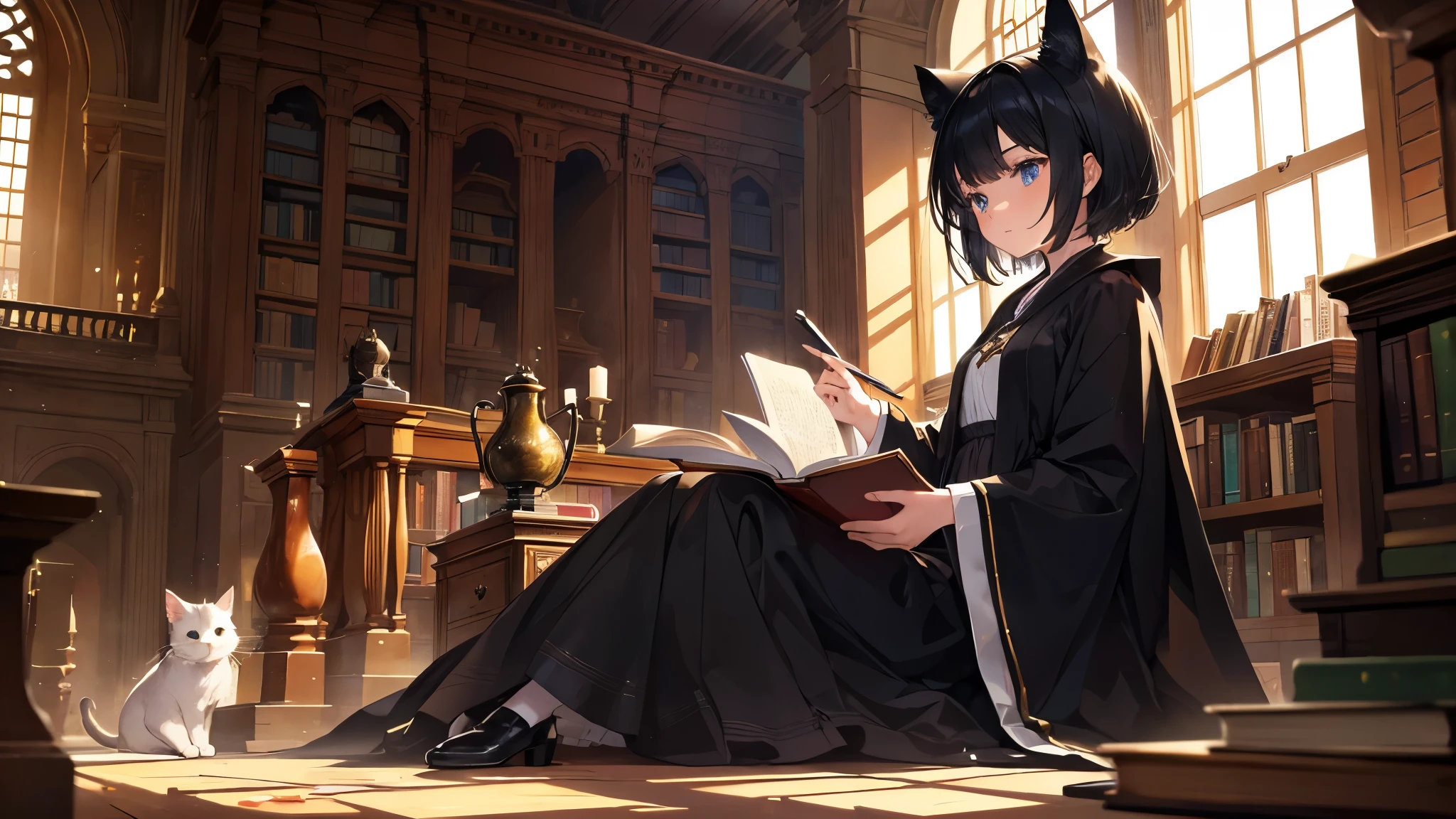 A very detailed, cartoon-like scene depicting a girl in a large library. The girl has short black hair and is robed. She is reaching for a book. At her feet sits a curious cat, staring at her. The library is filled with old books stored in large bookshelves, and warm sunlight shines through the large windows, casting a mysterious glow. The background is finely painted and focused on the witch's concentrated expression. The cat is the protagonist ...