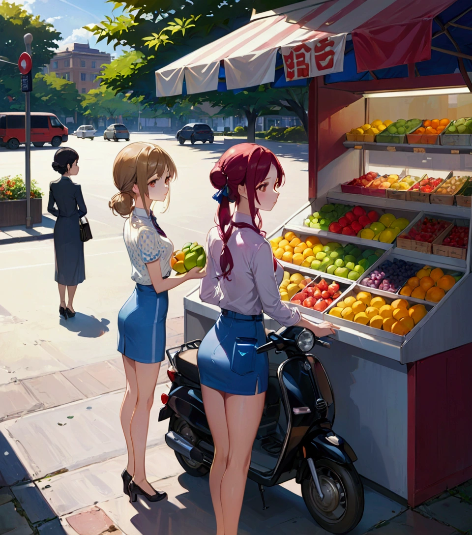 a realistic anime portrait of office women, she is buying fruit at kiosk, day light scenery, front view, looking at viewer, full body detailed portrait, extremely detailed facial features, high quality, masterpiece, best quality, beautiful glowing skin, delicate facial features, elegant hairstyles, detailed clothing, realistic lighting and shadows, warm color palette, soft ambient lighting