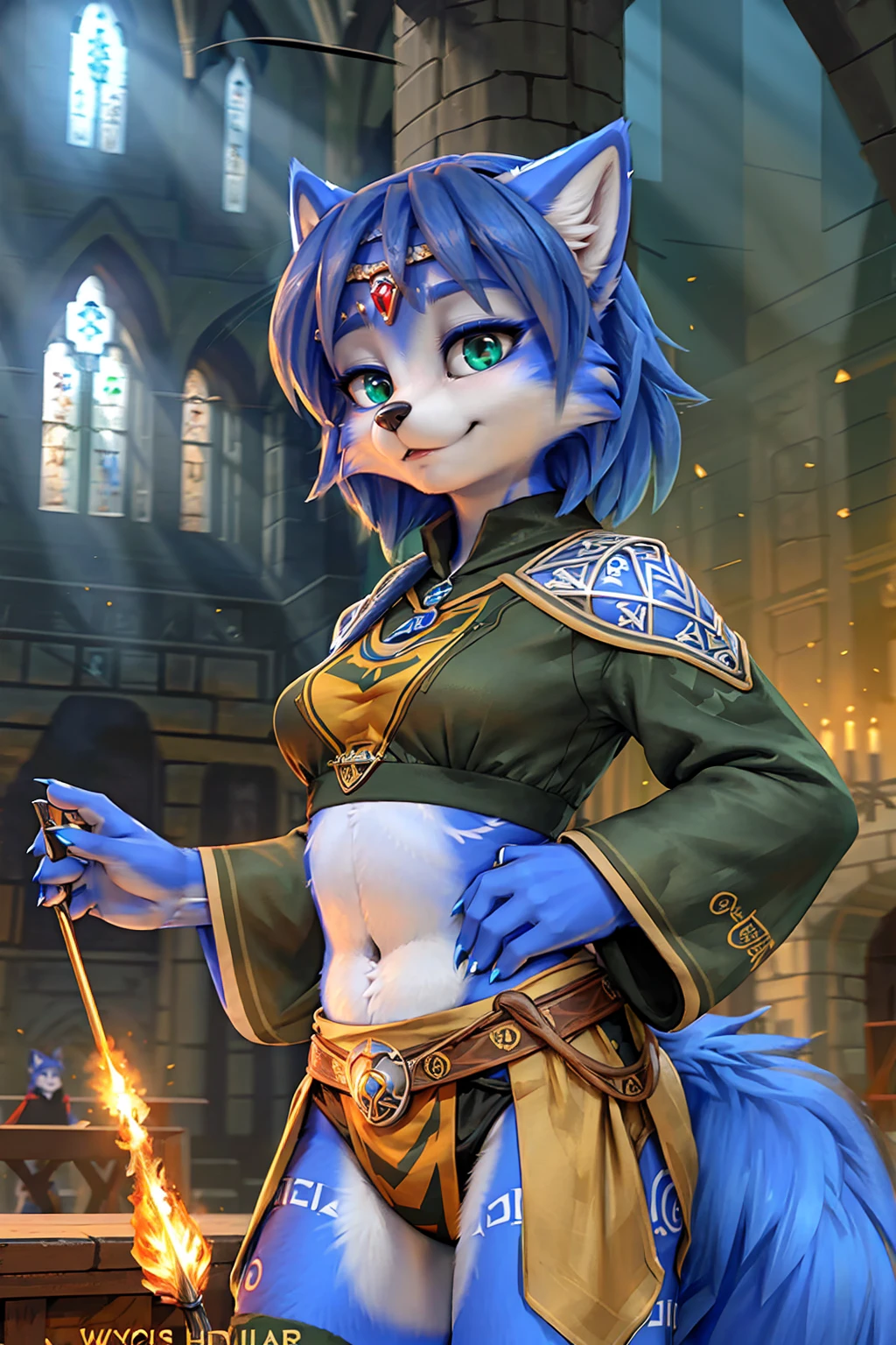 A beautiful and detailed (sweet picture) wa ((krystal)), Star Fox krystal, green eyes, medium breasts, (((Long blue hair 1.3))), anthro, furry, (wa Fluff-Kevlar, Bayard Wu, personalize me, Pino Daeni), detailed fluffy fur, detailed face, (fluffy), 1 girl, alone, hair cover one eye:1.4, wears tribal clothing with leather armor, wears tribal top with leather armor, (((steht in der großen halle wa hogwarts auf einer bühne:1.4)))