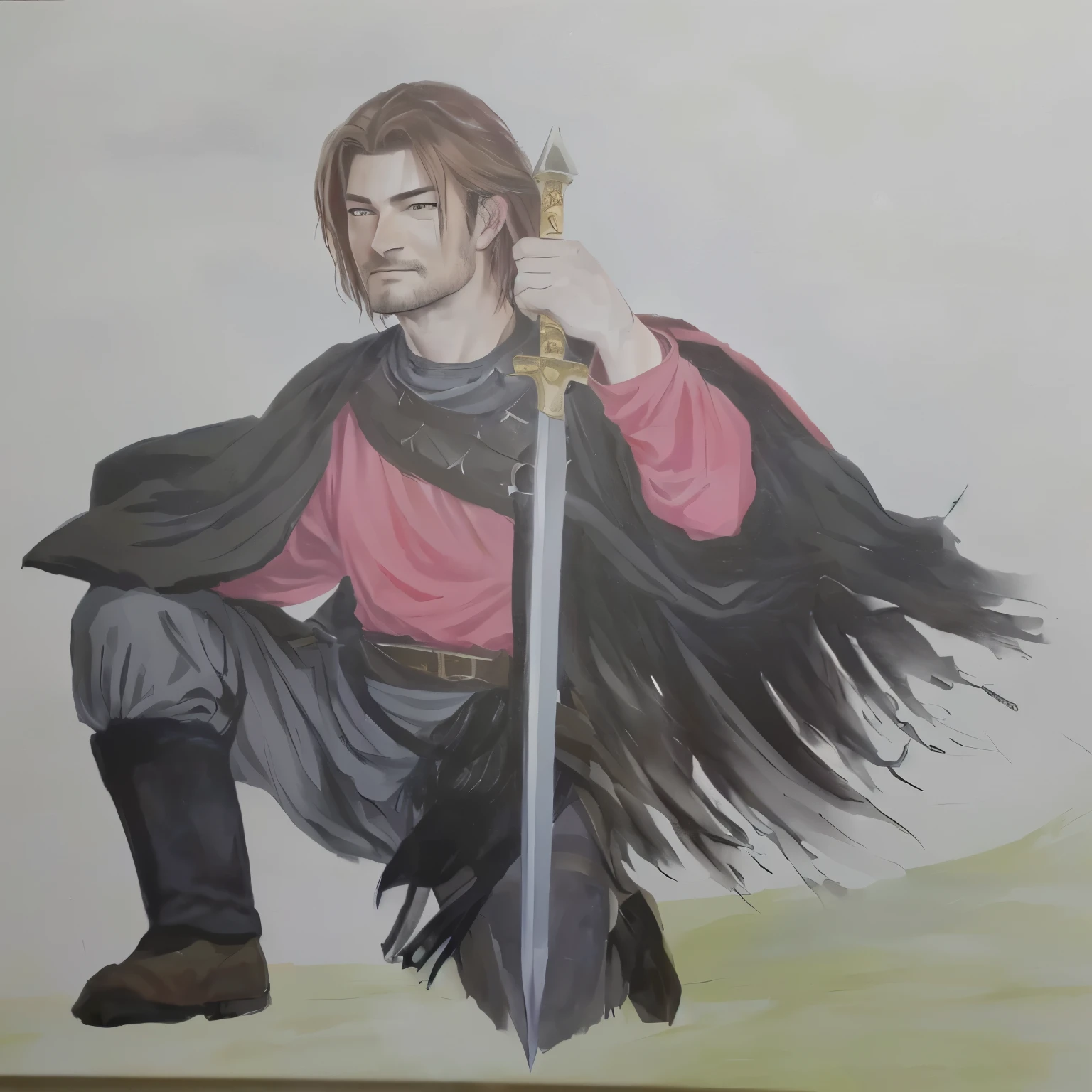 painting of a man with a sword and a red shirt, as a medieval fantasy character, painting of a knight, boromir in an 80\animes world, inspired by Edmund Greacen