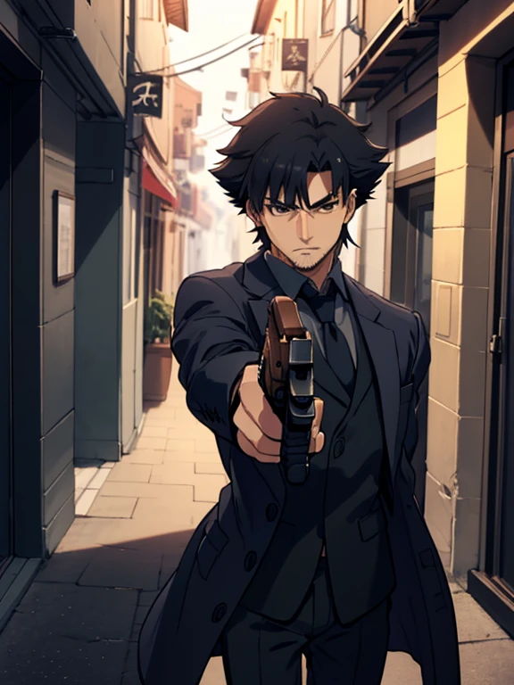 masterpiece, best quality, emiyaki, stubble, long coat, suit, grey shirt, necktie, pants, shoes, cowboy shot, looking to the side, chiaroscuro, alleyway ,holding gun,handgun,hold a gun and take aim,aiming at viewer,gun