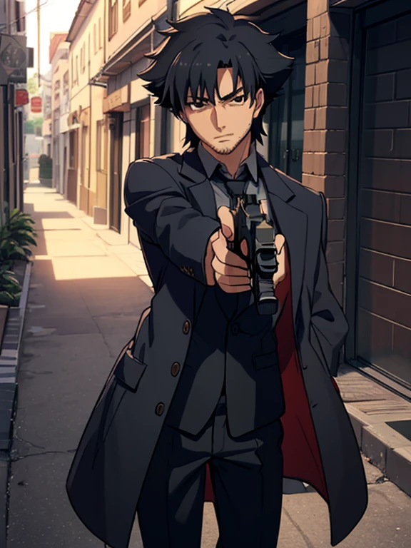 masterpiece, best quality,  emiyaki, stubble, long coat, suit, grey shirt, necktie, pants, shoes, cowboy shot, looking to the side, chiaroscuro, alleyway ,holding gun,handgun,hold a gun and take aim,aiming at viewer,gun