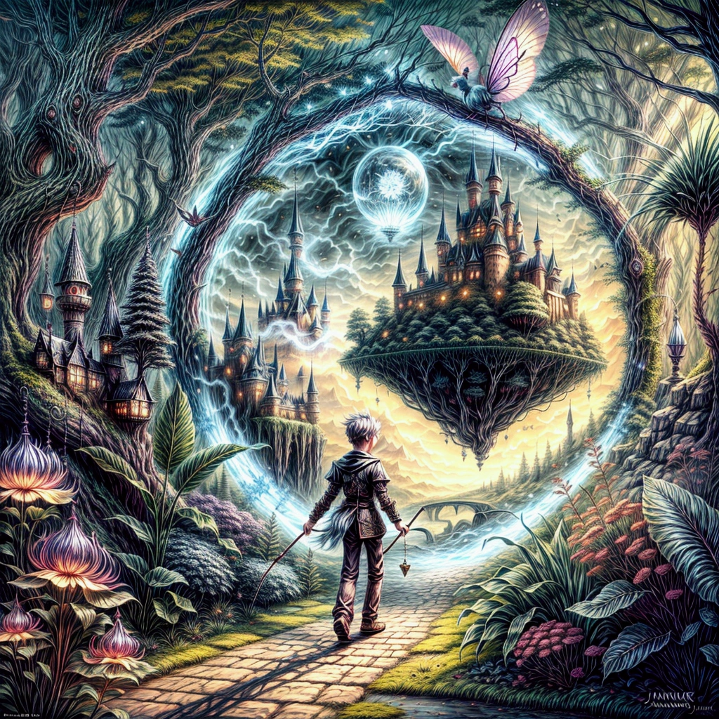 blurred image of a boy walking through a forest with a castle in the background, capa de romance de fantasia para jovens adultos, Fantasy landscape whimsical art, alexander jansson style, wide angle fantasy art, fantasy digital art, magical realism style, beautiful rendering of a fairy tale, fantasy book cover, fantasy book illustration, digital art fantasy, digital art fantasy art, dark fantasy painting,cute