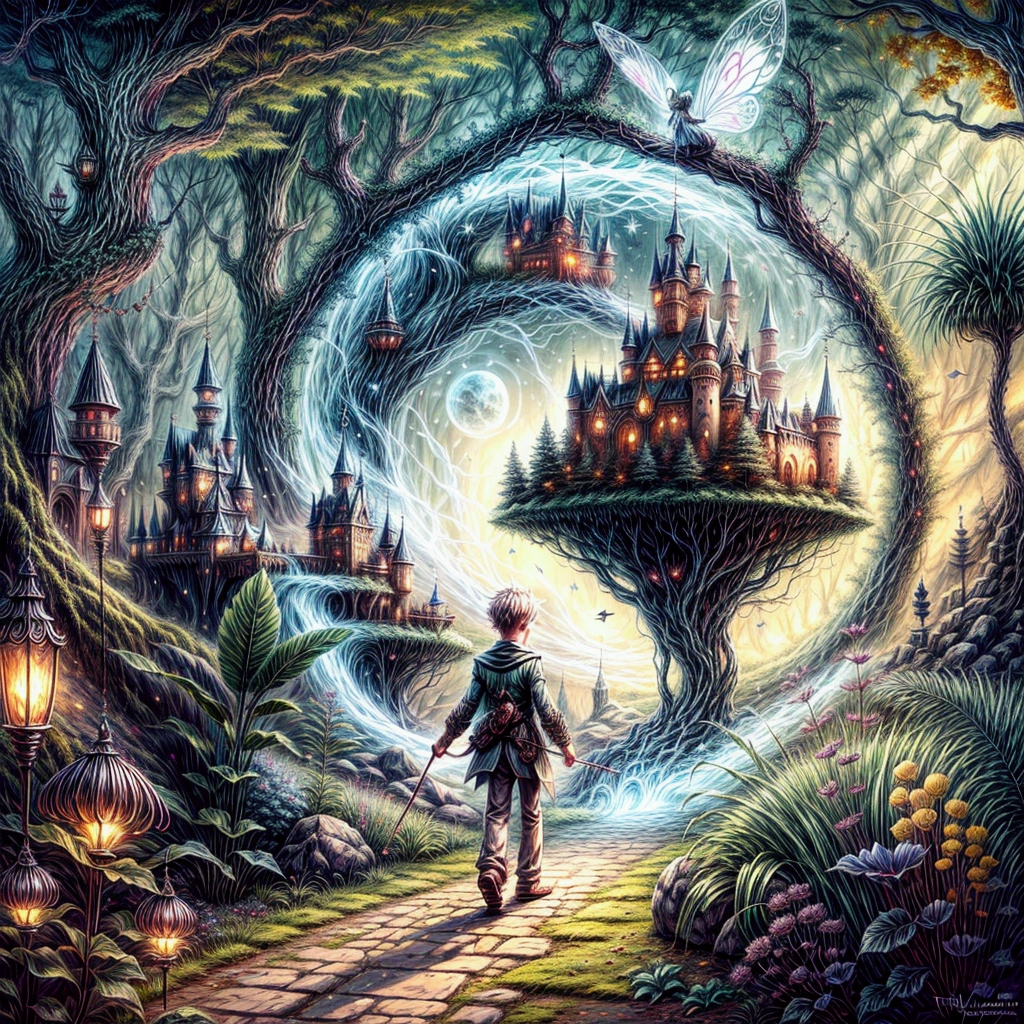blurred image of a boy walking through a forest with a castle in the background, capa de romance de fantasia para jovens adultos, Fantasy landscape whimsical art, alexander jansson style, wide angle fantasy art, fantasy digital art, magical realism style, beautiful rendering of a fairy tale, fantasy book cover, fantasy book illustration, digital art fantasy, digital art fantasy art, dark fantasy painting,cute