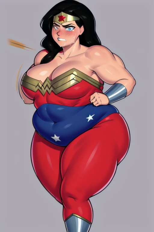 (She's in the woods), Wonderwoman fat, very long hair, blackquality hair, hair between the eyes, blue colored eyes, (Cosplay perfeito de  Wonderwoman), ssbbw, Glossy clothing, impossible bodysuit, tight skin, starry body suit, Looking at the Viewer crying, (red blush),(muscular legs:1.3), ( pose cornered), (Wonder Woman running away, terrified, very afraid, persecuted, cornered)