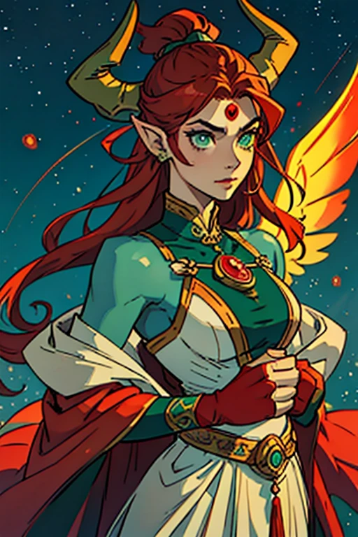 guardian dragon woman who controls and creates stars, clothes with a lot of fabric hanging with green eyes, red horns and his big red hair with moths in his hair all over his body and big angel wings and details of stars and a jade stone in the middle of his forehead