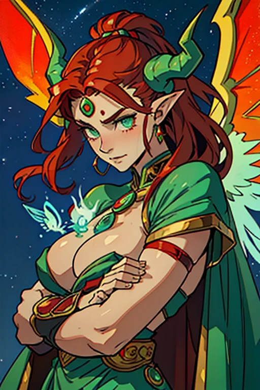 guardian dragon woman who controls and creates stars, clothes with a lot of fabric hanging with green eyes, red horns and his big red hair with moths in his hair all over his body and big angel wings and details of stars and a jade stone in the middle of his forehead