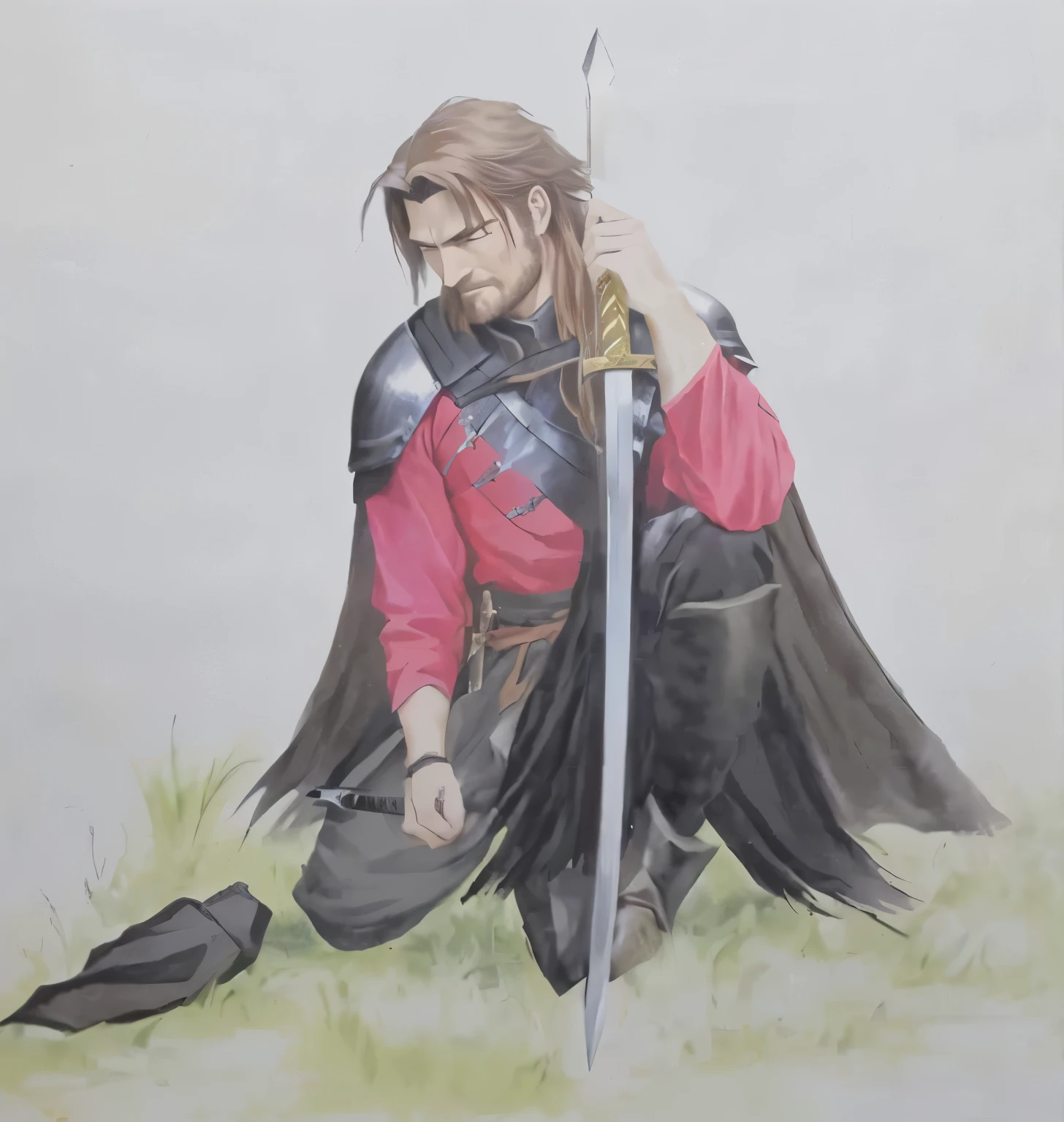 painting of a man with a sword and a red shirt, as a medieval fantasy character, painting of a knight, boromir in an 80\animes world, inspired by Edmund Greacen