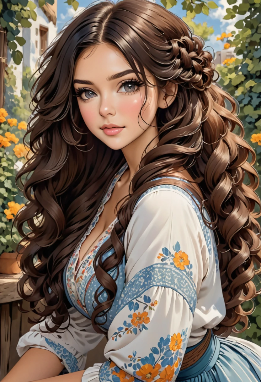 Beautiful boho women with hair that is coarse, wiry, and tightly curled. It often has a rough texture, feels stiff to the touch, and may be prone to frizz and tangling. The curls can be densely packed.