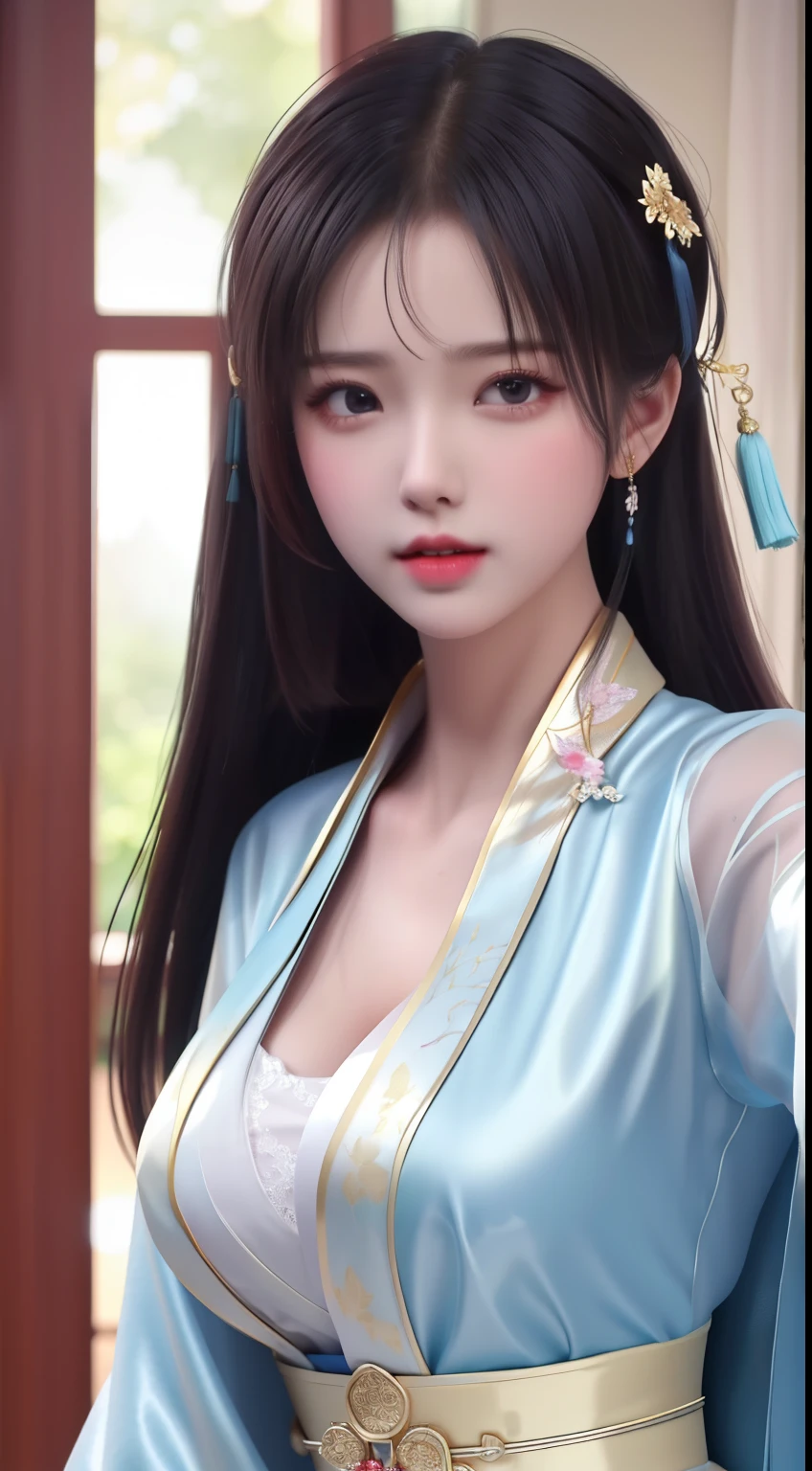 best quality, masterpiece, highres, 1girl,china dress,hair ornament,necklace, jewelry,Beautiful face,upon_body, tyndall effect,photorealistic, dark studio, rim lighting, two tone lighting,(high detailed skin:1.2), 8k uhd, dslr, soft lighting, high quality, volumetric lighting, candid, Photograph, high resolution, 4k, 8k, Bokeh, Wet-breasted Hanfu open V-chested clothes, All pictures, Wet body of thin silk fabric, Thin silk lace petticoat,princess 10 yeald old cute, (huge ，cleavage),petticoat, white pink, blue ，best qualtiy，tmasterpiece，Ultra-high resolution，（Reality：1.4），RAW photogr，（True skin texture：1.3），（filmgrain：1.3），（Selfie angle），1个Giant Breast Girl，Beautiful eye and face details，tmasterpiece，Best quality at best，exposing thighs，Bigchest，The chest is more exposed, pattern on fabric